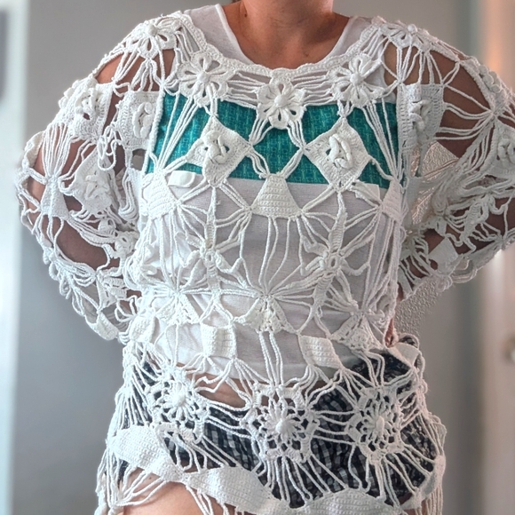 Vintage Crochet And Rosette Sheer Mini Dress/Tunic - Picture 4 of 11